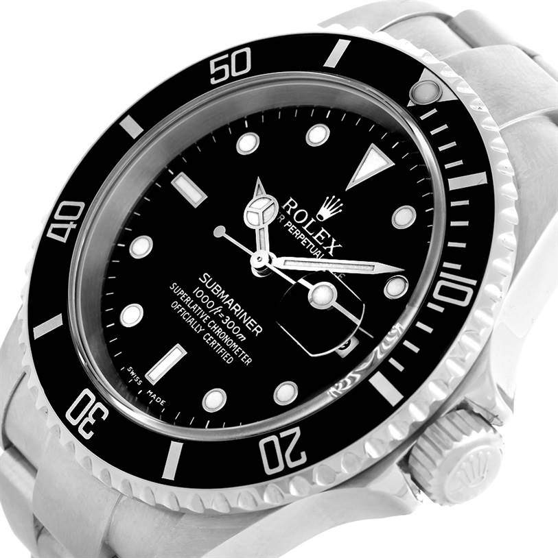 The image shows the face, bezel, and part of the bracelet of a Rolex Submariner 16610 Men
s Stainless Steel Black Dial 16610 Men
s Stainless Steel Black Dial watch at a slight angle.