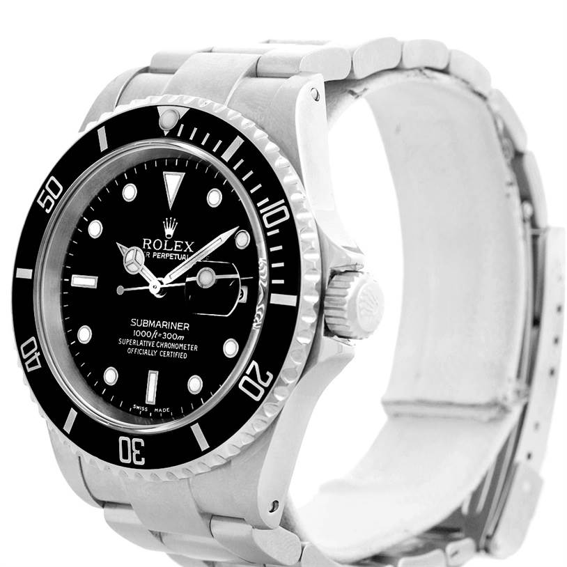This image shows a side front angle of the Rolex Submariner 16610 Men
s Stainless Steel Black Dial 16610 Men
s Stainless Steel Black Dial, highlighting its bezel, crown, and partially closed stainless steel bracelet.
