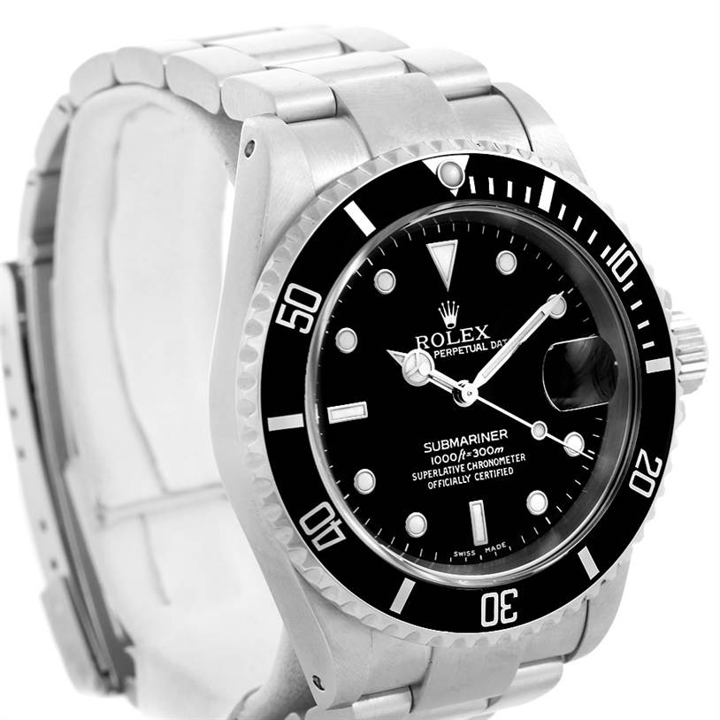 The image shows a front and side view of a Rolex Submariner 16610 Men
s Stainless Steel Black Dial 16610 Men
s Stainless Steel Black Dial watch, highlighting its bezel, dial, and bracelet.