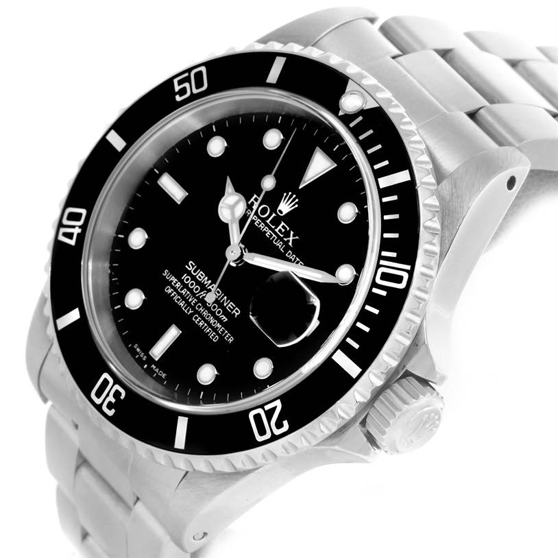 The image shows the face, bezel, and part of the bracelet of a Rolex Submariner 16610 Men
s Stainless Steel Black Dial 16610 Men
s Stainless Steel Black Dial watch at an angled top-down view.