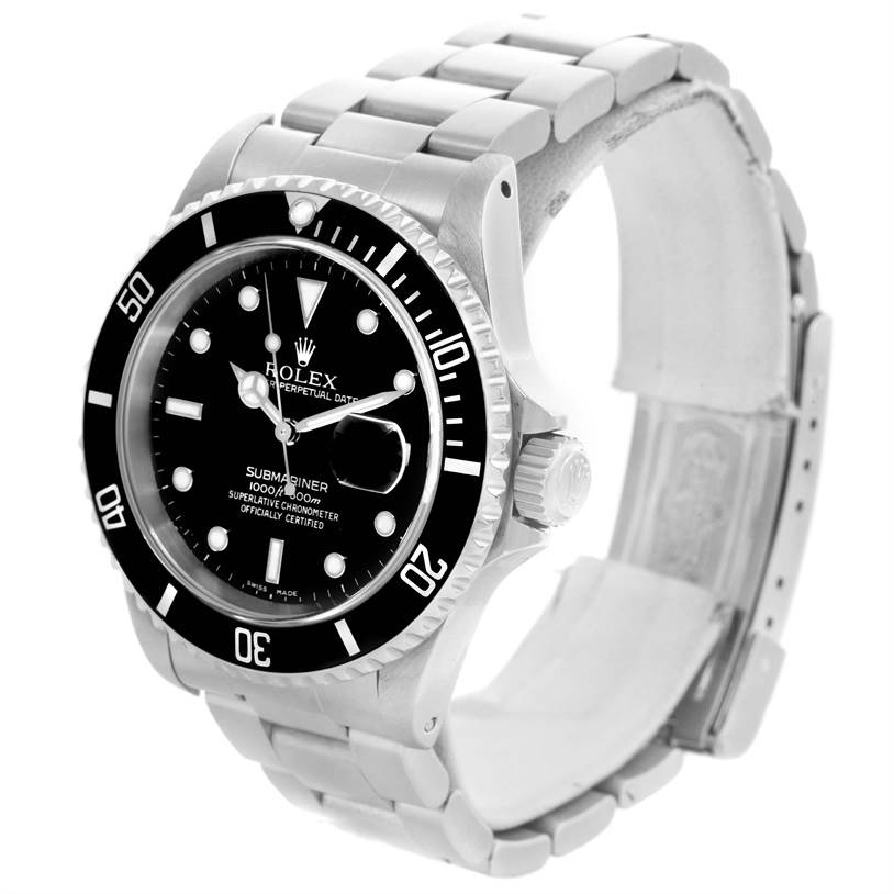 The image shows a Rolex Submariner 16610 Men
s Stainless Steel Black Dial 16610 Men
s Stainless Steel Black Dial watch angled slightly from the right, focusing on the face, bezel, bracelet, and crown.