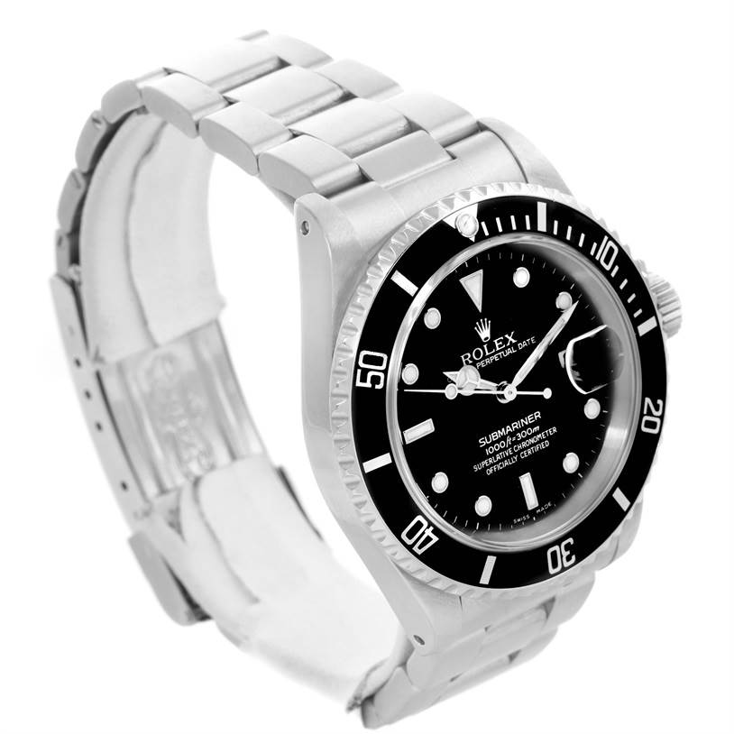 The image shows a side-view angle of a Rolex Submariner 16610 Men
s Stainless Steel Black Dial 16610 Men
s Stainless Steel Black Dial watch, highlighting its dial, bezel, and bracelet.