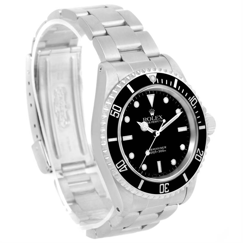 The image shows a Rolex Submariner 14060 Men
s Stainless Steel Black Dial 14060 Men
s Stainless Steel Black Dial watch from an angled side view, illustrating the watch face, bezel, and stainless steel bracelet.