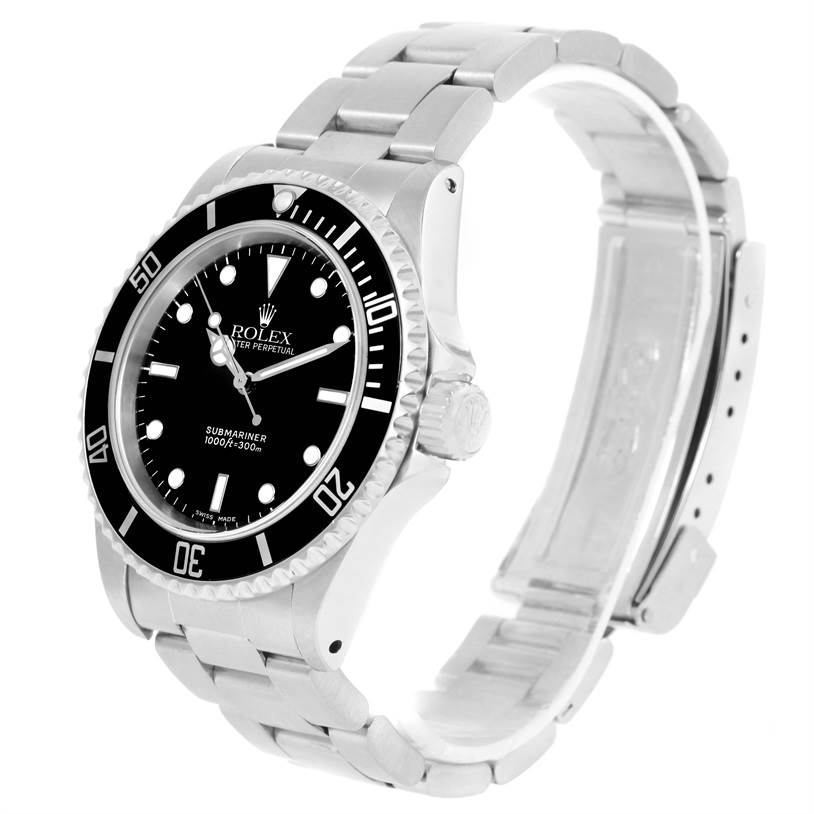 This image shows a side angle of a Rolex Submariner 14060 Men
s Stainless Steel Black Dial 14060 Men
s Stainless Steel Black Dial watch, highlighting its dial, bezel, crown, and bracelet.