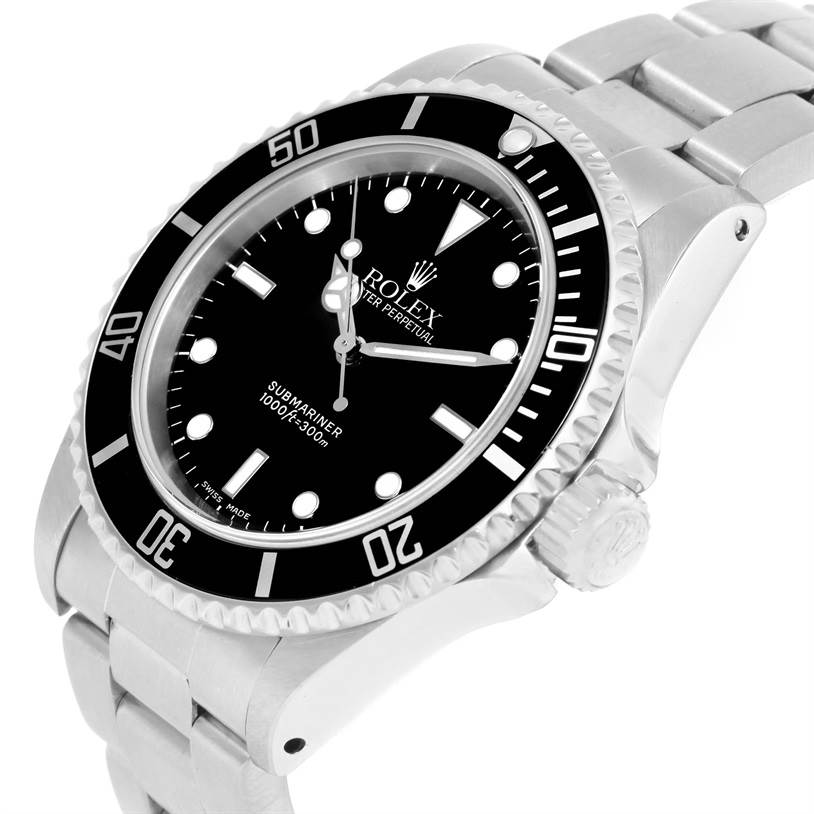 The Rolex Submariner 14060 Men
s Stainless Steel Black Dial 14060 Men
s Stainless Steel Black Dial watch is shown at a three-quarter angle, highlighting the bezel, dial, crown, and part of the bracelet.