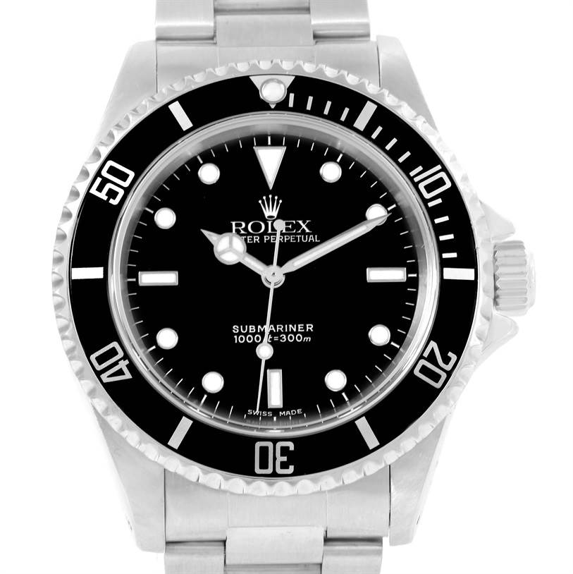 This image shows a front view of the Rolex Submariner 14060 Men
s Stainless Steel Black Dial 14060 Men
s Stainless Steel Black Dial watch, displaying its face, bezel, and part of the bracelet.
