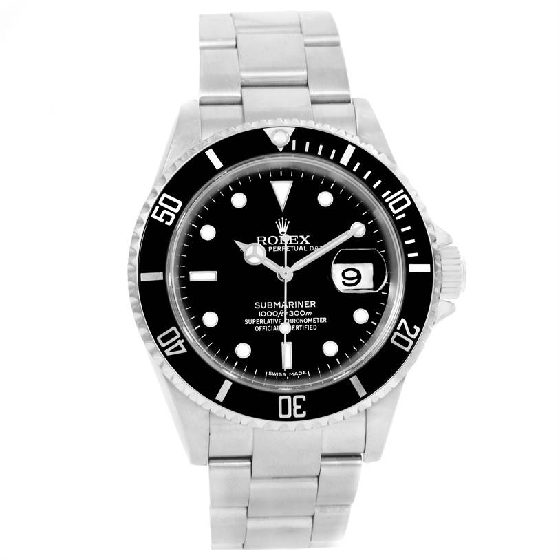 The image shows a front view of the Rolex Submariner 16610 Men
s Stainless Steel Black Dial 16610 Men
s Stainless Steel Black Dial watch, highlighting the dial, bezel, and bracelet.