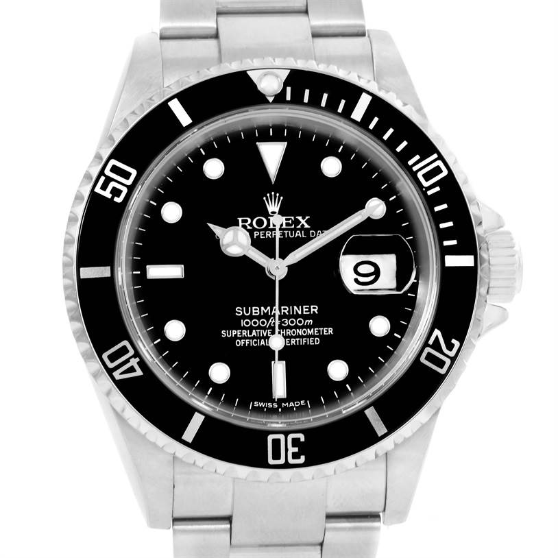 The image shows a front view of the Rolex Submariner 16610 Men
s Stainless Steel Black Dial 16610 Men
s Stainless Steel Black Dial, displaying its dial, bezel, date window, and part of the bracelet.