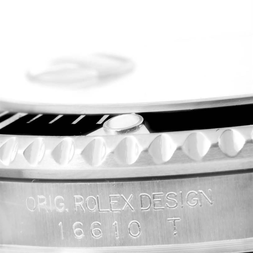 This image shows a close-up angle of the case side and bezel of a Rolex Submariner 16610 Men
s Stainless Steel Black Dial 16610 Men
s Stainless Steel Black Dial model, displaying the model number 16610.