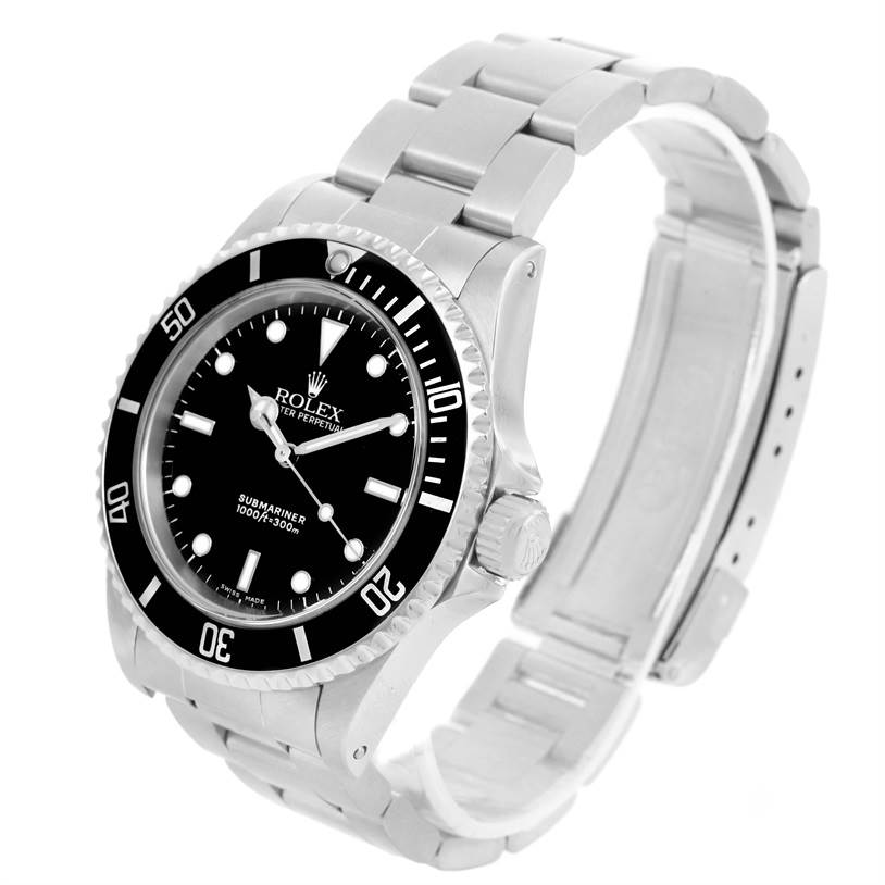 The image shows a Rolex Submariner 14060 Men
s Stainless Steel Black Dial 14060 Men
s Stainless Steel Black Dial watch at a three-quarter angle, highlighting the face, bezel, crown, and stainless steel bracelet.