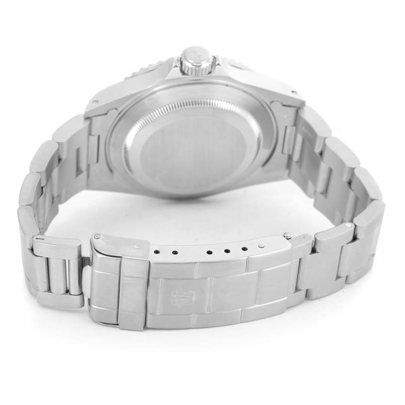 The image shows the back view of a Rolex Submariner 14060 Men
s Stainless Steel Black Dial 14060 Men
s Stainless Steel Black Dial watch, highlighting the case back, bracelet, and clasp.