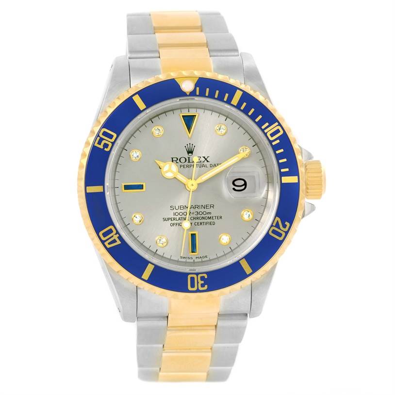 The image shows a front view of a Rolex Submariner 16613 Men's Steel and Gold (two tone) Grey Dial 16613 Men's Steel and Gold (two tone) Grey Dial watch featuring a two-tone bracelet and a blue bezel.