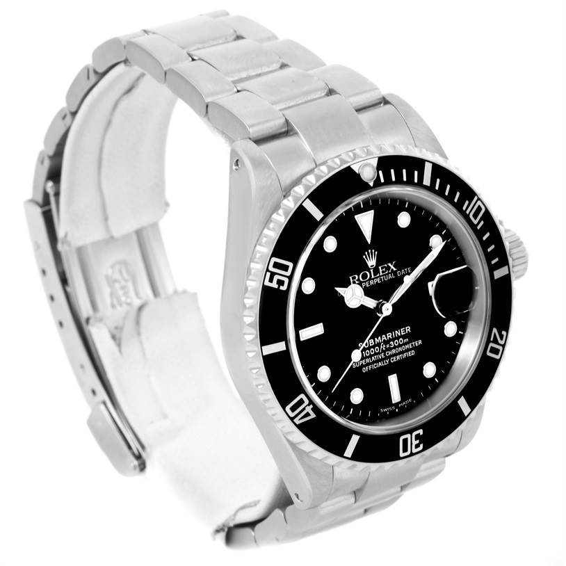 The image shows a close-up angle of the Rolex Submariner 16610 Men
s Stainless Steel Black Dial 16610 Men
s Stainless Steel Black Dial watch, highlighting its face, bezel, and part of the bracelet.