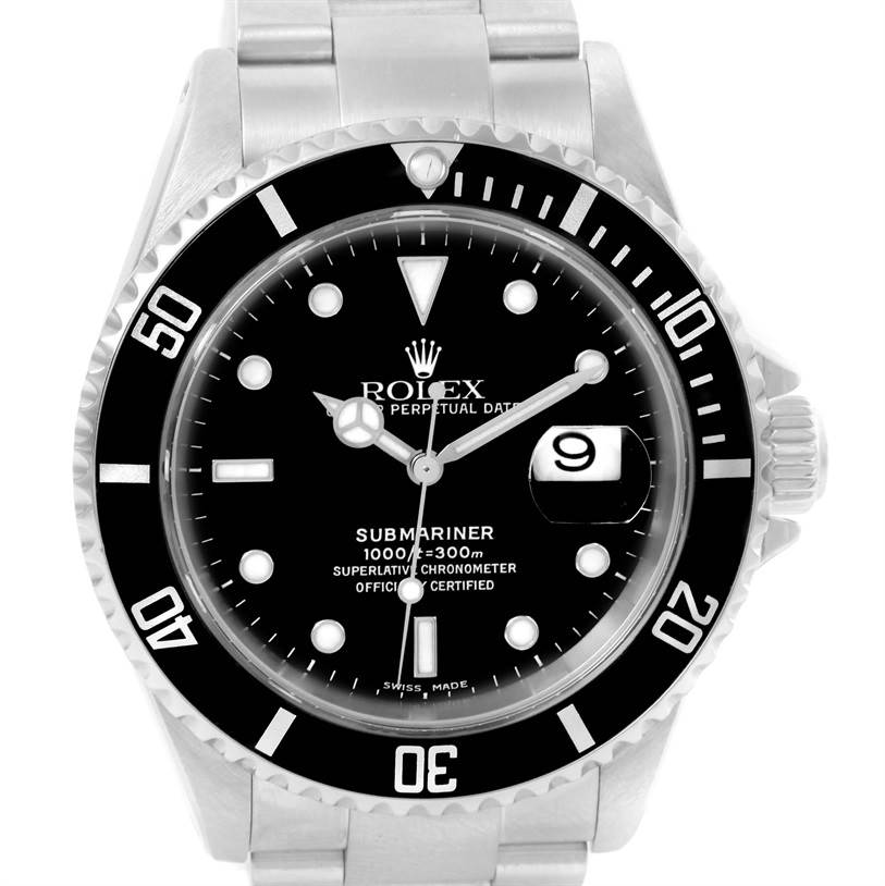 The image shows a front view of a Rolex Submariner 16610 Men
s Stainless Steel Black Dial 16610 Men
s Stainless Steel Black Dial watch, displaying its dial, bezel, and part of the bracelet.