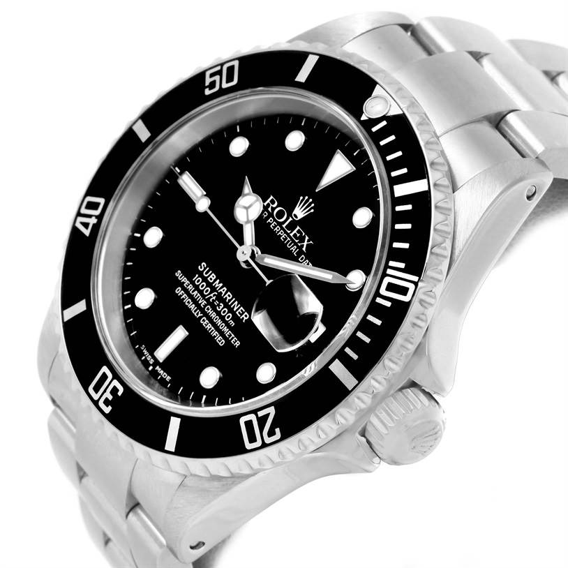 The image shows a close-up, angled view of the face and bracelet of a Rolex Submariner 16610 Men
s Stainless Steel Black Dial 16610 Men
s Stainless Steel Black Dial watch.