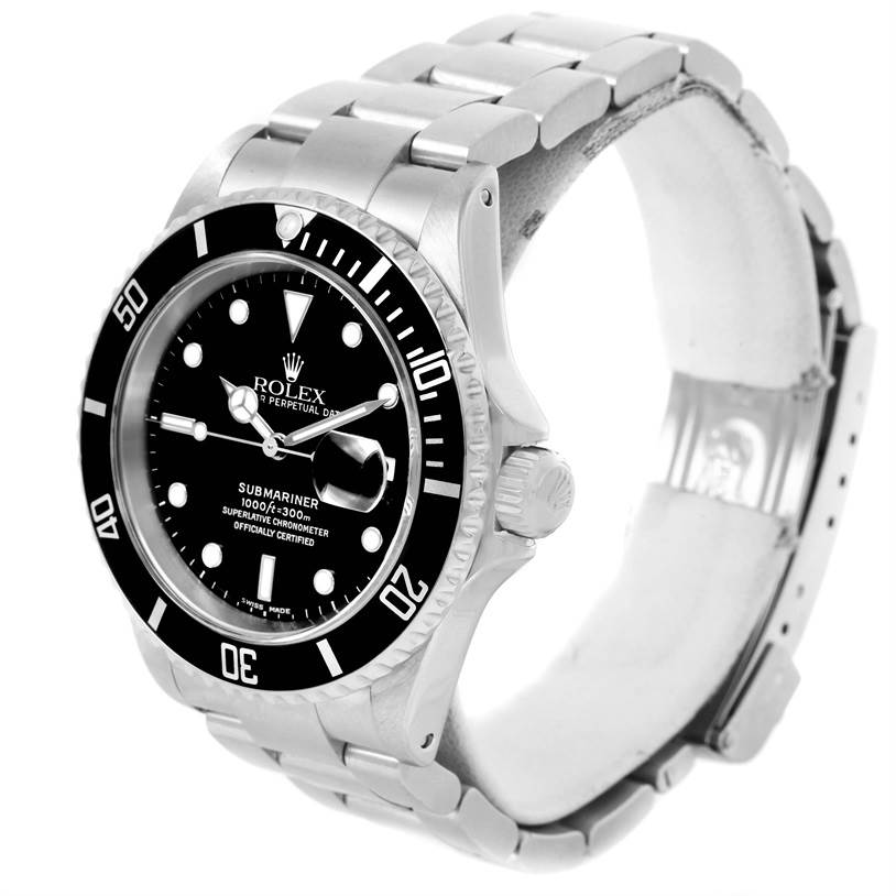 The image shows a Rolex Submariner 16610 Men
s Stainless Steel Black Dial 16610 Men
s Stainless Steel Black Dial from a slight side angle, displaying the watch face, bezel, crown, and bracelet.