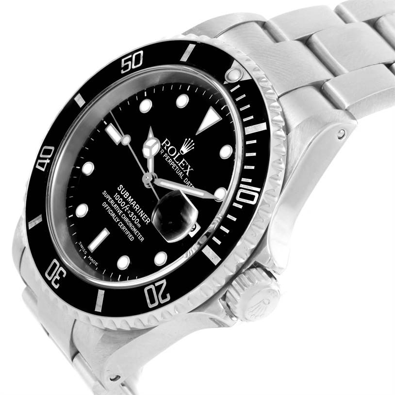 This image shows a Rolex Submariner 16610 Men
s Stainless Steel Black Dial 16610 Men
s Stainless Steel Black Dial watch at an angled side view, highlighting the bezel, face, case, and part of the bracelet.
