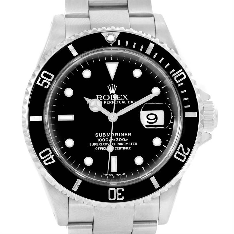 The image shows a front view of a Rolex Submariner 16610 Men
s Stainless Steel Black Dial 16610 Men
s Stainless Steel Black Dial, displaying the dial, bezel, and part of the bracelet.