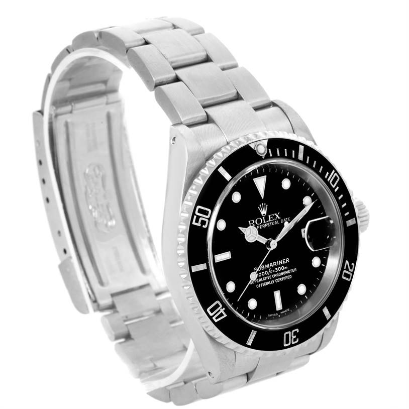 The image shows a Rolex Submariner 16610 Men
s Stainless Steel Black Dial 16610 Men
s Stainless Steel Black Dial watch at an angled side view, displaying its face, bezel, crown, and metal bracelet.