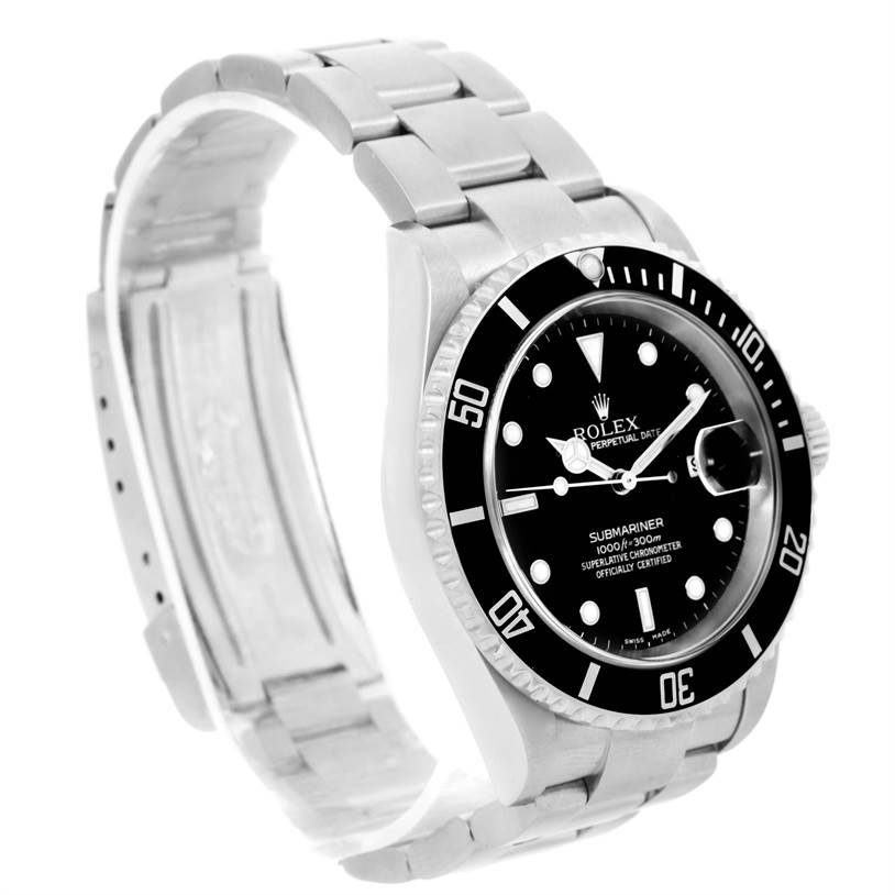 The image shows a Rolex Submariner 16610 Men
s Stainless Steel Black Dial 16610 Men
s Stainless Steel Black Dial watch at a side angle, highlighting the dial, bezel, and bracelet.