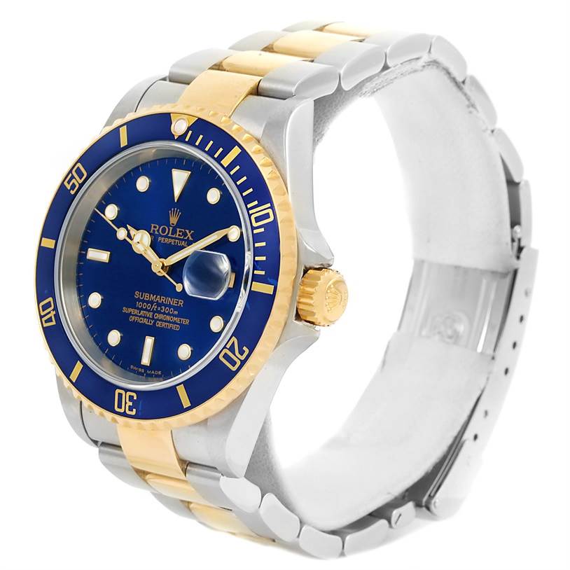 The image shows a side and front angle of the Rolex Submariner 16613 Men's Steel and Gold (two tone) Blue Dial 16613 Men's Steel and Gold (two tone) Blue Dial watch, highlighting the dial, bezel, and bracelet.