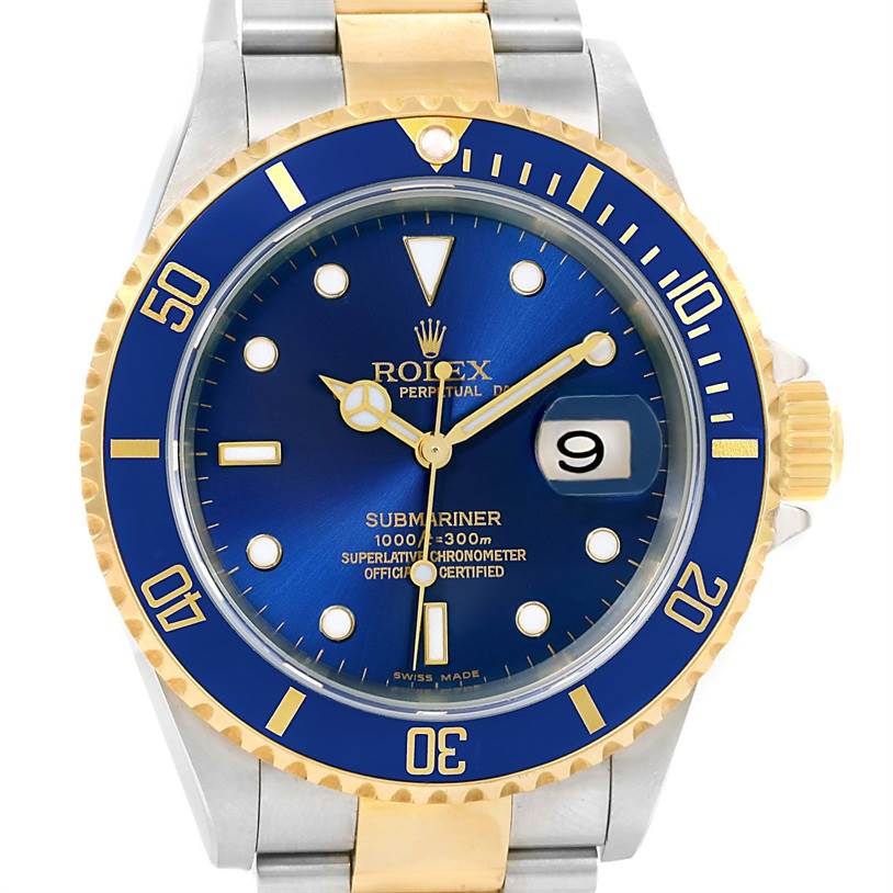 The image shows a front view of the Rolex Submariner 16613 Men's Steel and Gold (two tone) Blue Dial 16613 Men's Steel and Gold (two tone) Blue Dial watch, featuring a blue dial and bezel with gold accents.