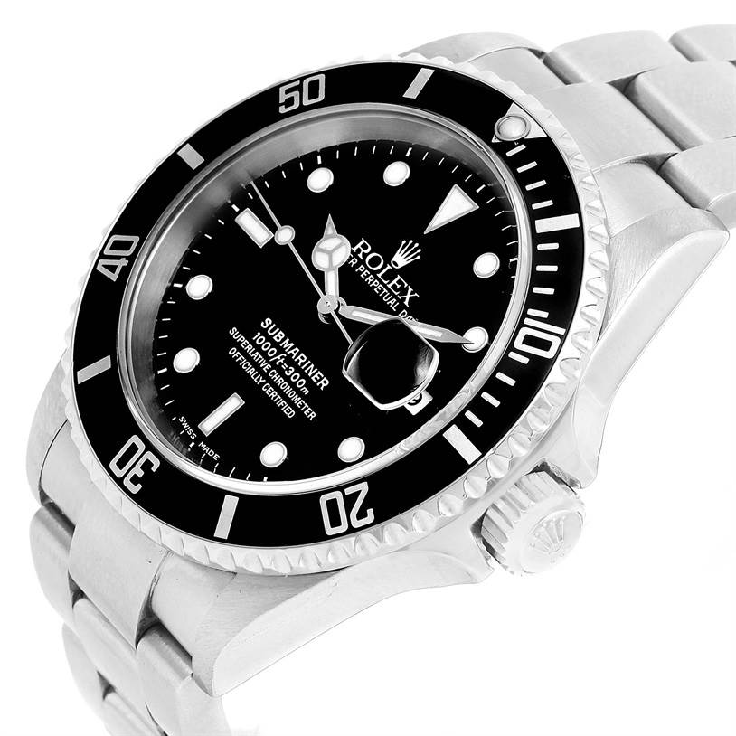 This image shows a Rolex Submariner 16610 Men
s Stainless Steel Black Dial 16610 Men
s Stainless Steel Black Dial watch angled to display its face, bezel, crown, and part of its bracelet.