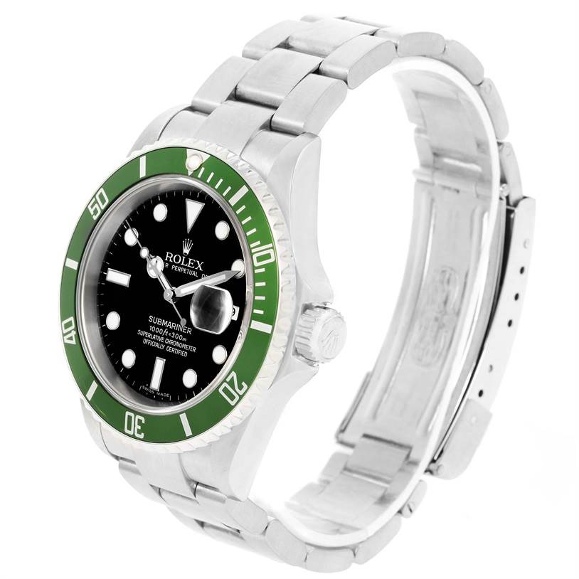 This image shows a Rolex Submariner 16610LV Men
s Stainless Steel Black Dial 16610LV Men
s Stainless Steel Black Dial watch from a three-quarter angle, highlighting the bezel, dial, bracelet, and clasp.