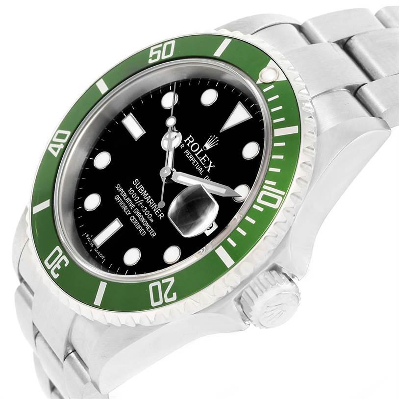 The image shows a top-angle view of a Rolex Submariner 16610LV Men
s Stainless Steel Black Dial 16610LV Men
s Stainless Steel Black Dial watch with a green bezel and black dial.