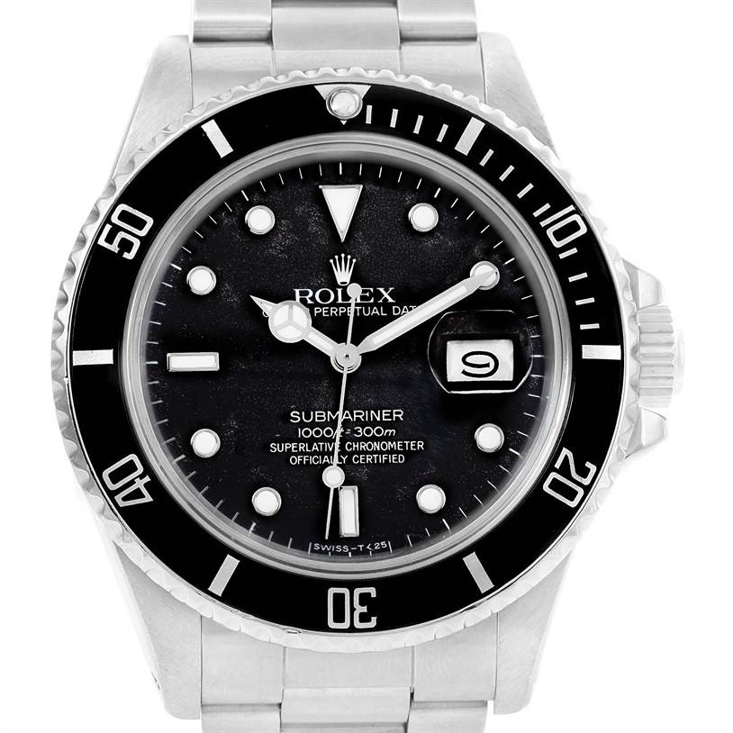 The Rolex Submariner 168000 Men
s Stainless Steel Black Dial 168000 Men
s Stainless Steel Black Dial watch is shown from a front angle, displaying the dial, bezel, hands, date window, and part of the bracelet.