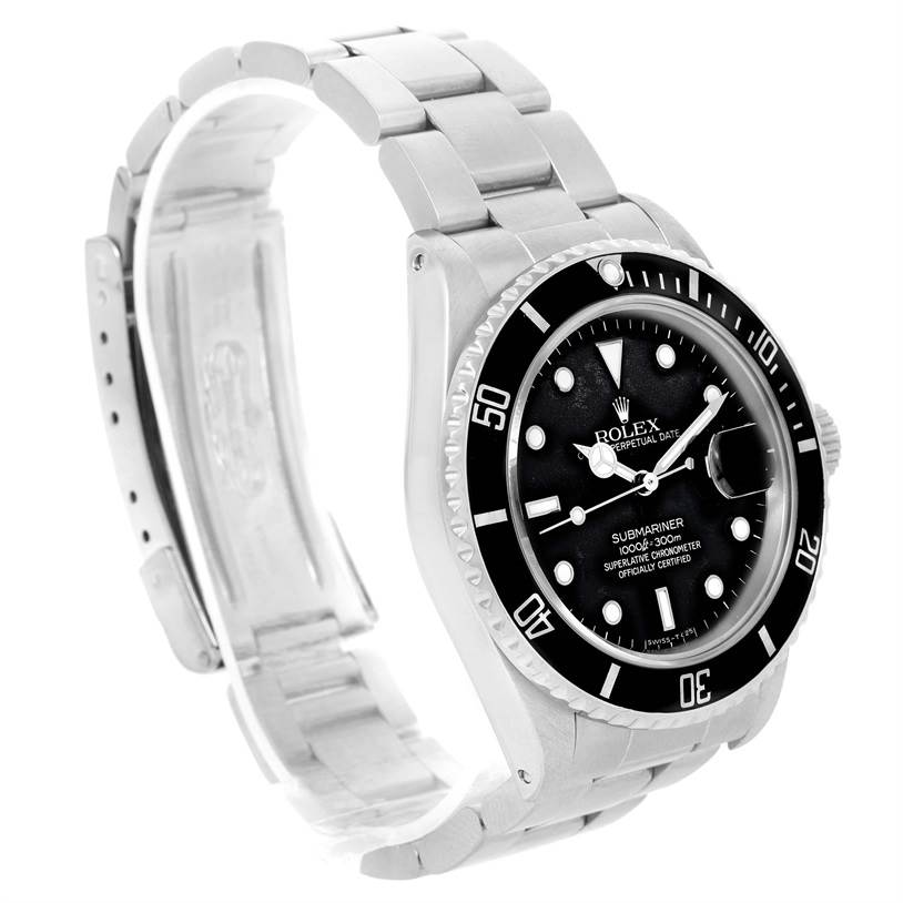 The image shows a side angle of a Rolex Submariner 168000 Men
s Stainless Steel Black Dial 168000 Men
s Stainless Steel Black Dial, highlighting the stainless steel bracelet, case, and black dial.