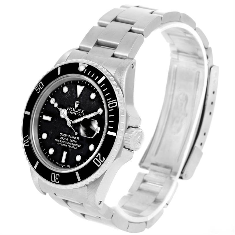 This image shows a Rolex Submariner 168000 Men
s Stainless Steel Black Dial 168000 Men
s Stainless Steel Black Dial watch at a three-quarter angle, displaying the dial, bezel, crown, and stainless steel bracelet.