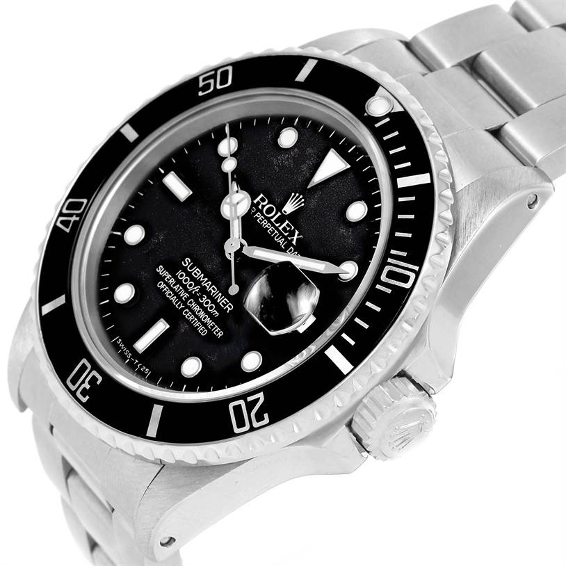 This image shows a Rolex Submariner 168000 Men
s Stainless Steel Black Dial 168000 Men
s Stainless Steel Black Dial watch angled from the top right, displaying the face, bezel, crown, and part of the bracelet.