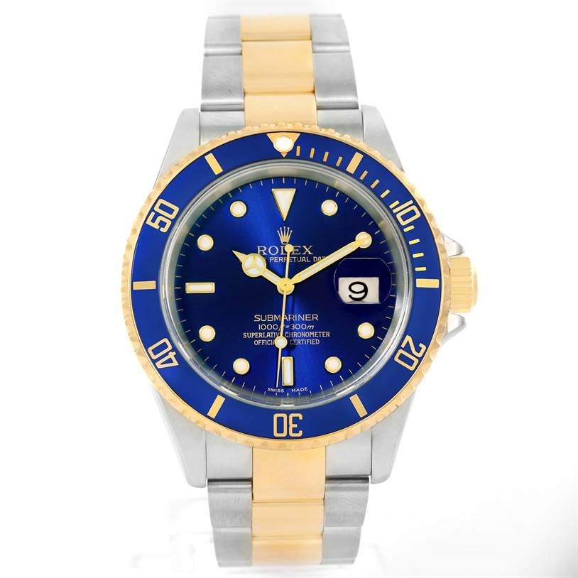 The image shows a front view of a Rolex Submariner 16613 Men's Steel and Gold (two tone) Blue Dial 16613 Men's Steel and Gold (two tone) Blue Dial watch with a blue dial and two-tone metal bracelet.