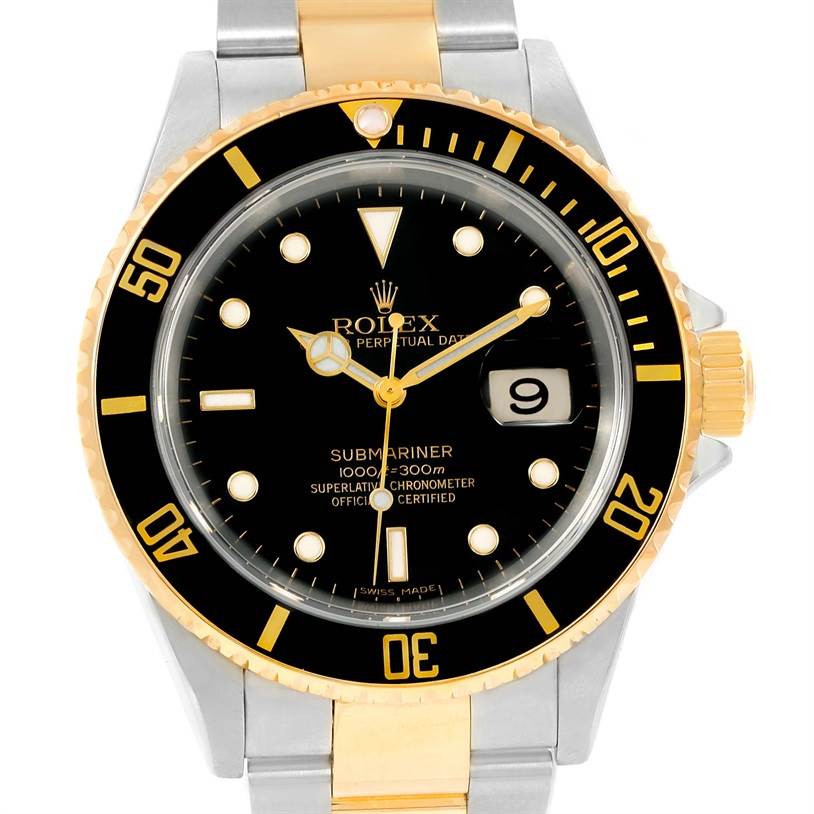 This image shows a close-up front view of the Rolex Submariner 16613 Men's Steel and Gold (two tone) Black Dial 16613 Men's Steel and Gold (two tone) Black Dial watch, highlighting its black and gold bezel, black dial, and bracelet.