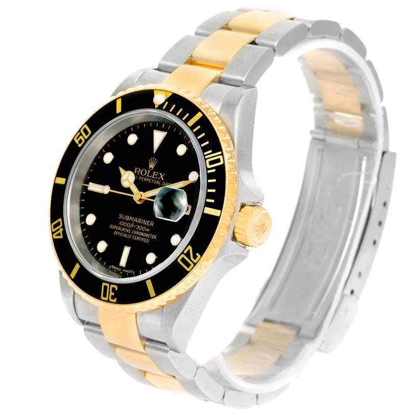 A Rolex Submariner 16613 Men's Steel and Gold (two tone) Black Dial 16613 Men's Steel and Gold (two tone) Black Dial watch viewed from an oblique angle showcasing the bezel, dial, and two-tone strap.