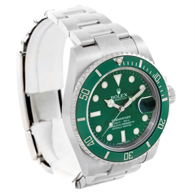 The image shows a Rolex Submariner 116610LV Men
s Stainless Steel Green Dial 116610LV Men
s Stainless Steel Green Dial watch at a slight angle, highlighting its green dial, bezel, and metallic bracelet.