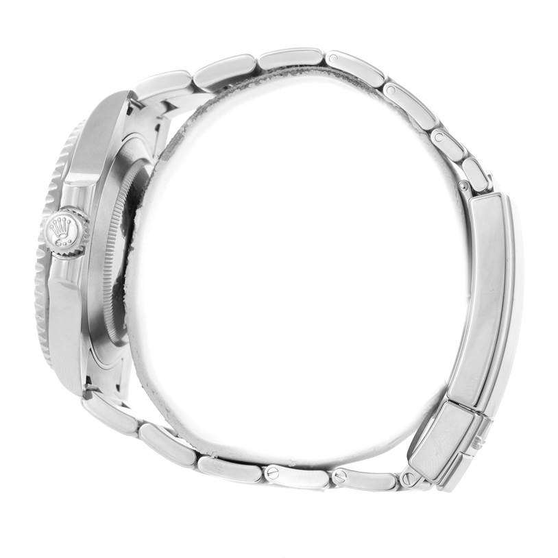 The image shows a side view of a Rolex Submariner 116610LV Men
s Stainless Steel Green Dial 116610LV Men
s Stainless Steel Green Dial watch, highlighting the crown, case, and bracelet.