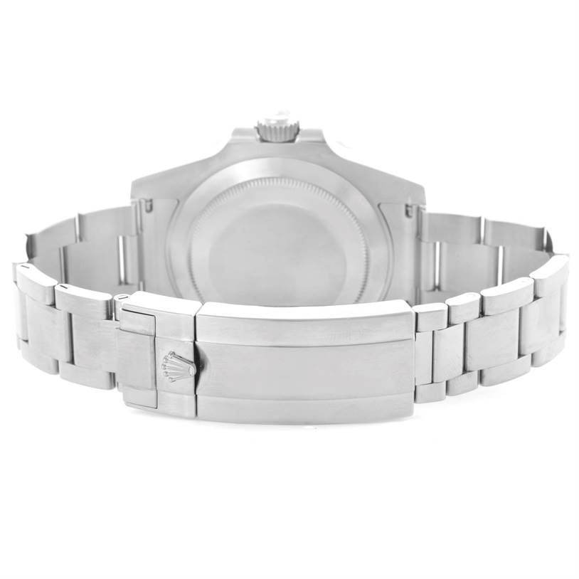 The image shows the stainless steel bracelet and clasp of a Rolex Submariner 116610LV Men
s Stainless Steel Green Dial 116610LV Men
s Stainless Steel Green Dial watch from the rear angle.