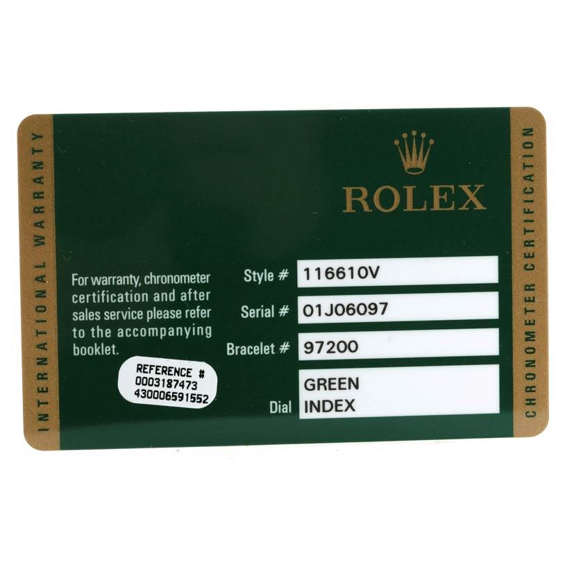 The image shows a Rolex Submariner 116610LV Men
s Stainless Steel Green Dial 116610LV Men
s Stainless Steel Green Dial warranty card displaying its model, serial, bracelet number, and dial information.