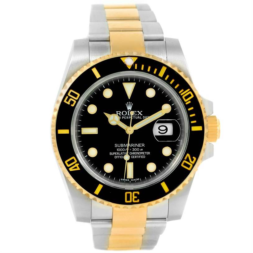 The image shows a front view of a Rolex Submariner 116613LN Men's Steel and Gold (two tone) Black Dial 116613LN Men's Steel and Gold (two tone) Black Dial watch, highlighting its dial, bezel, and bracelet.