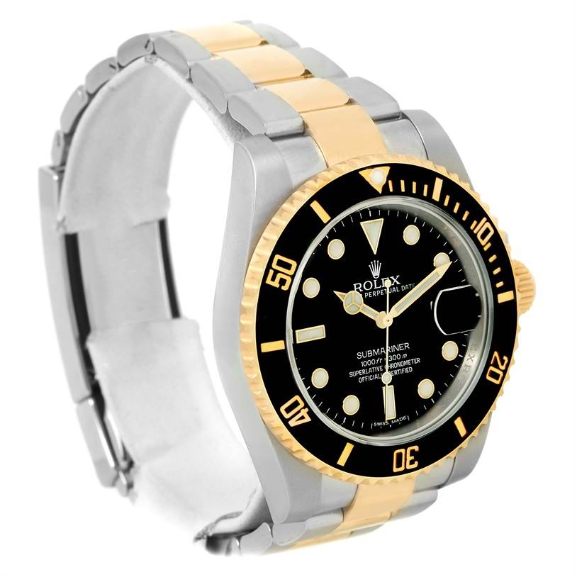 The photo shows the front and side views of the Rolex Submariner 116613LN Men's Steel and Gold (two tone) Black Dial 116613LN Men's Steel and Gold (two tone) Black Dial watch, highlighting its bezel, dial, and bracelet.