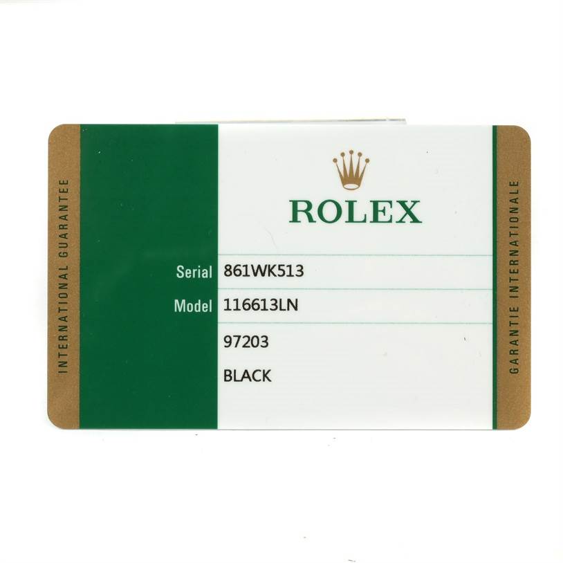 The image shows a warranty card for a Rolex Submariner 116613LN Men's Steel and Gold (two tone) Black Dial 116613LN Men's Steel and Gold (two tone) Black Dial model 116613LN.