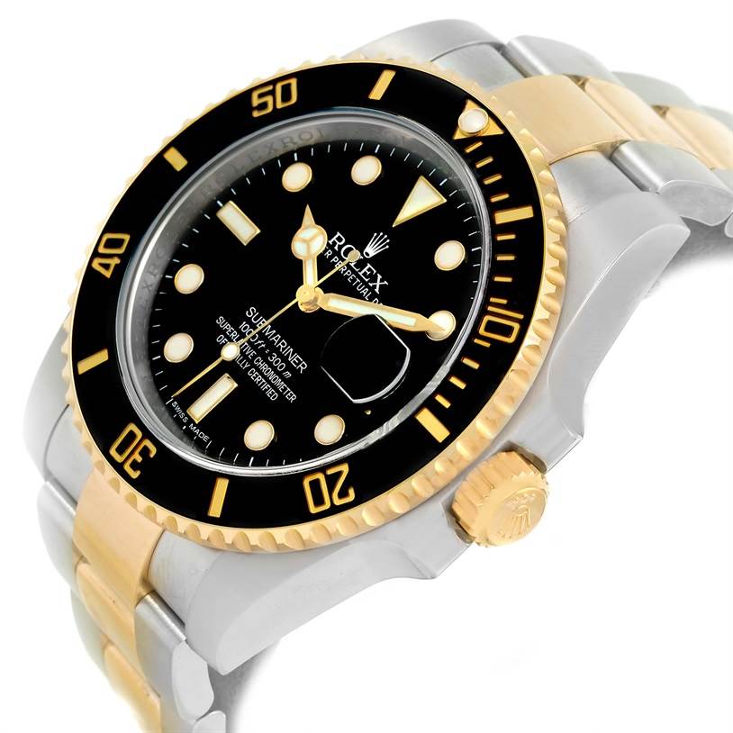 The image shows a close-up angle of a Rolex Submariner 116613LN Men's Steel and Gold (two tone) Black Dial 116613LN Men's Steel and Gold (two tone) Black Dial watch, highlighting the dial, bezel, and part of the bracelet.