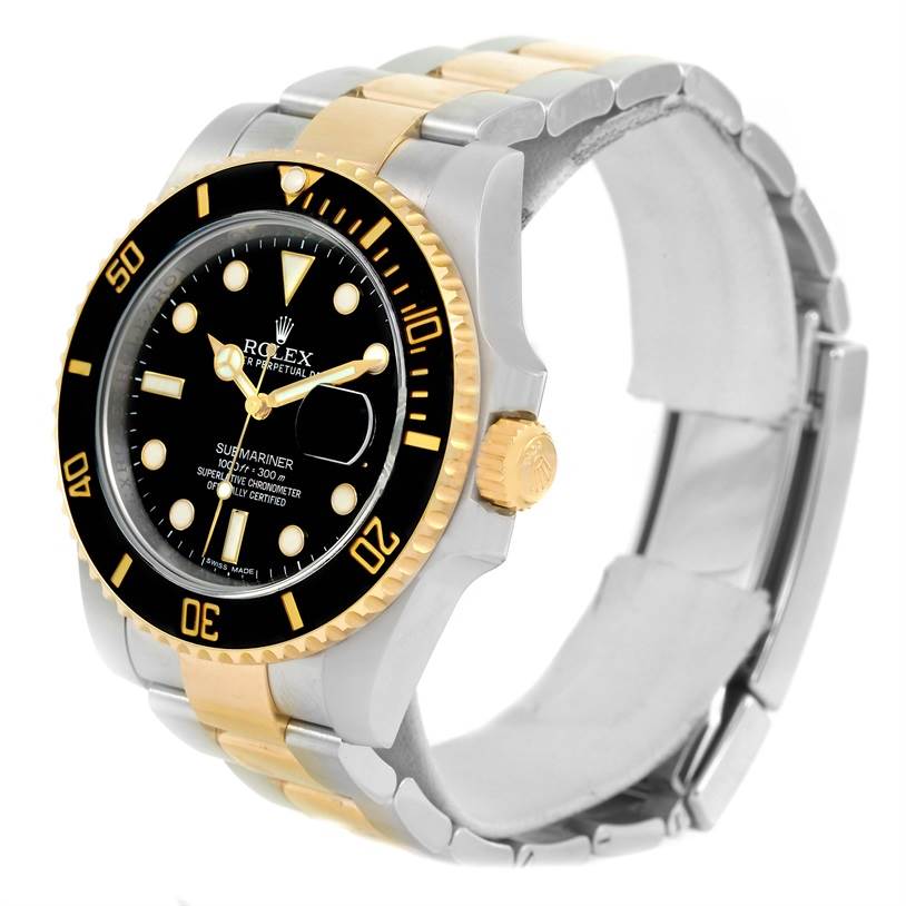 The image shows a Rolex Submariner 116613LN Men's Steel and Gold (two tone) Black Dial 116613LN Men's Steel and Gold (two tone) Black Dial watch, showcasing its face, bezel, crown, and two-tone metal bracelet from a front-side angle.