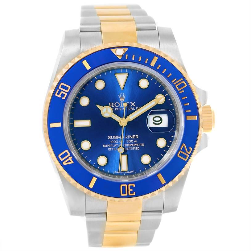 The image shows a front view of a Rolex Submariner 116613 Men's Steel and Gold (two tone) Blue Dial 116613 Men's Steel and Gold (two tone) Blue Dial watch, highlighting its blue dial, bezel, and two-tone bracelet.