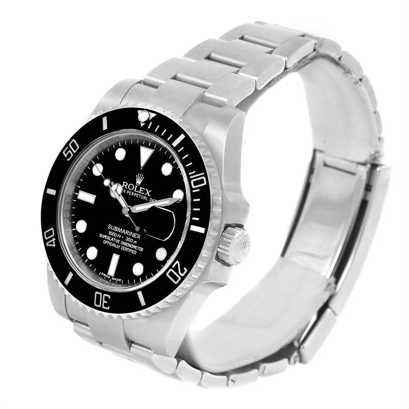 This image shows a Rolex Submariner 116610 Men
s Stainless Steel Black Dial 116610 Men
s Stainless Steel Black Dial watch at an angle that displays the face, bezel, and part of the bracelet.