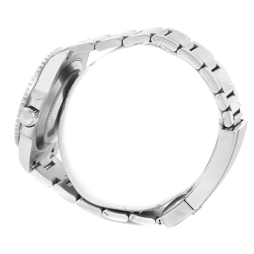 This image shows a side view of a Rolex Submariner 116610 Men
s Stainless Steel Black Dial 116610 Men
s Stainless Steel Black Dial watch, highlighting its bracelet, clasp, and crown.