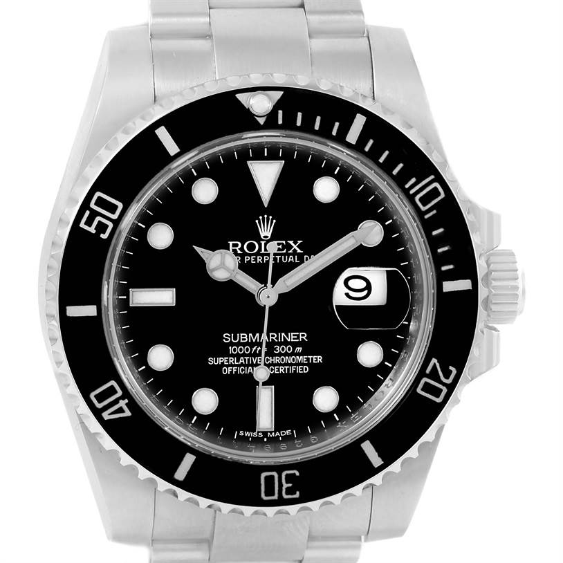 The image shows a front view of a Rolex Submariner 116610 Men
s Stainless Steel Black Dial 116610 Men
s Stainless Steel Black Dial watch, featuring its dial, bezel, and part of the bracelet.