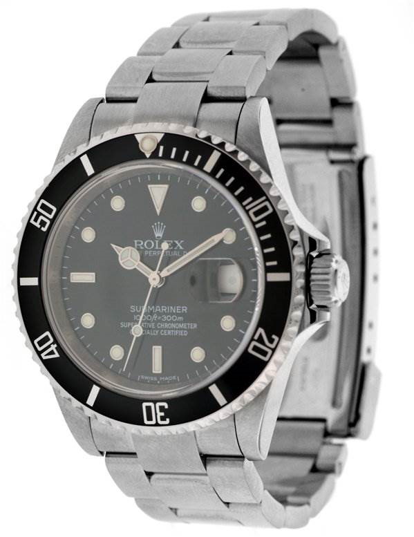 The image shows a Rolex Submariner at a slight angle, highlighting its bezel, dial, crown, and bracelet.